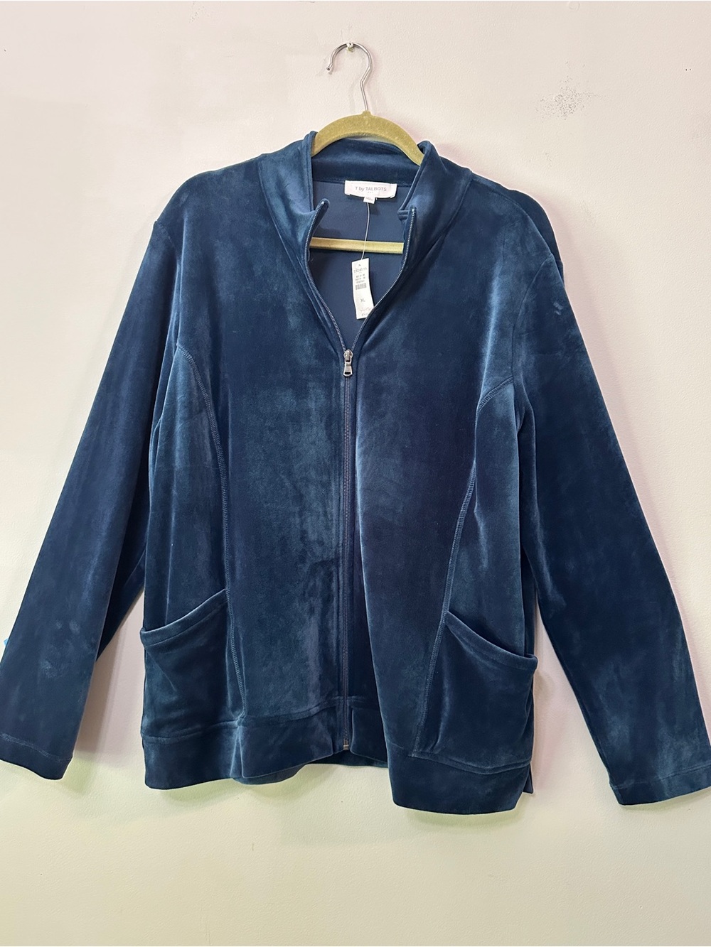 T by Talbots Velour Full Zip Jacket Teal Blue Size XL Mock Neck Pockets NWT